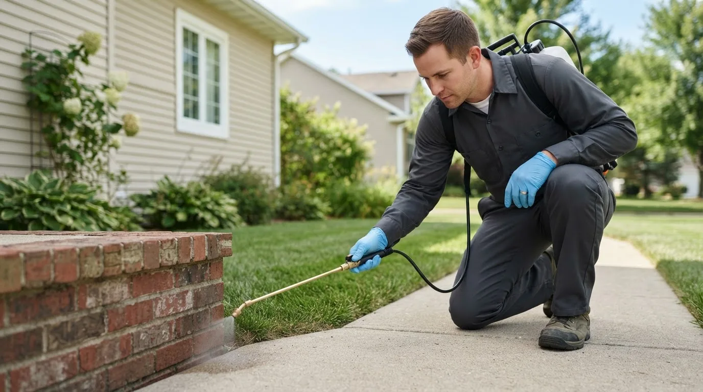 Pest control technician treating a home near Chelmsford, MA