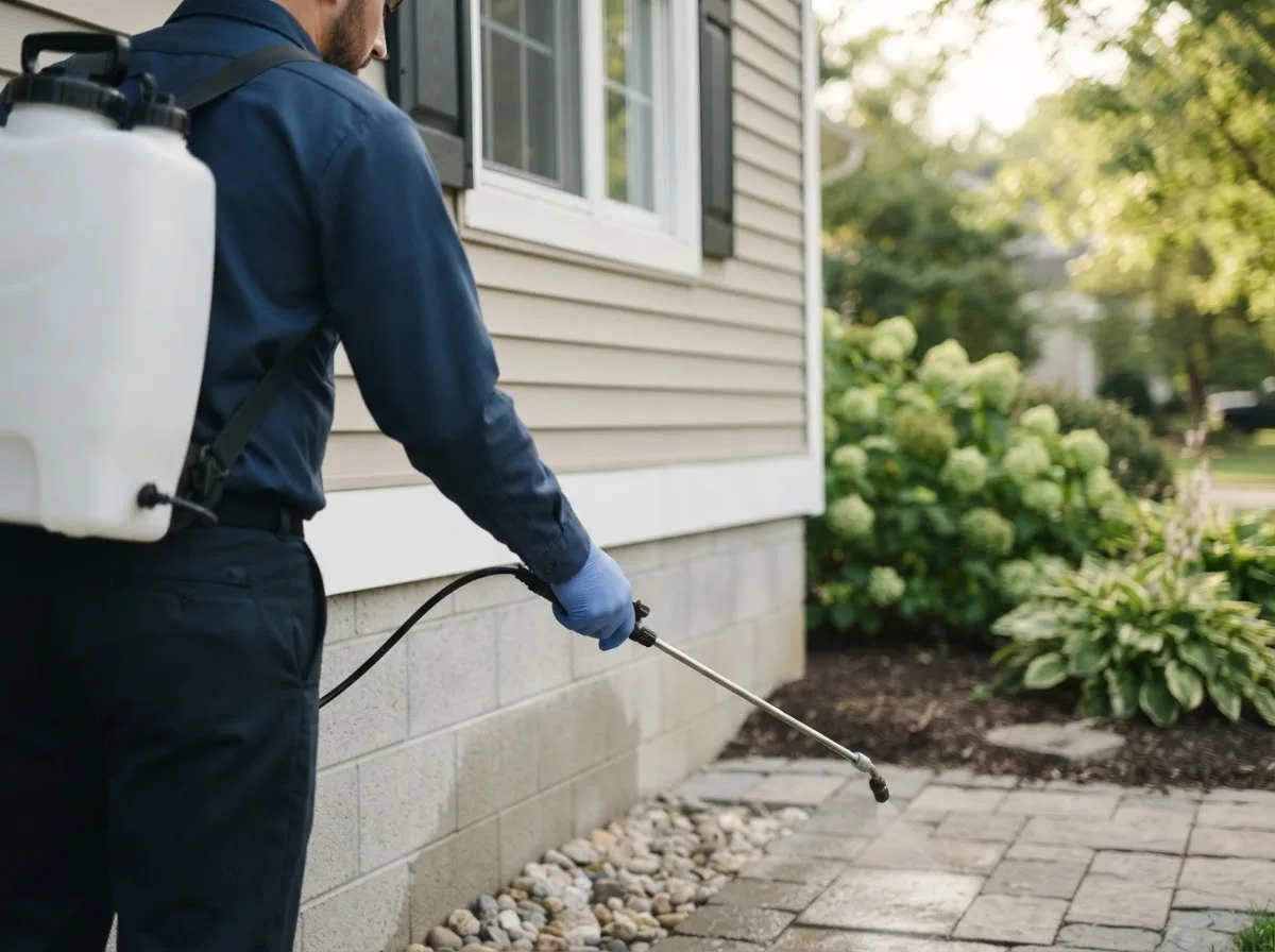 Pest control technician inspecting a home in Chelmsford, MA